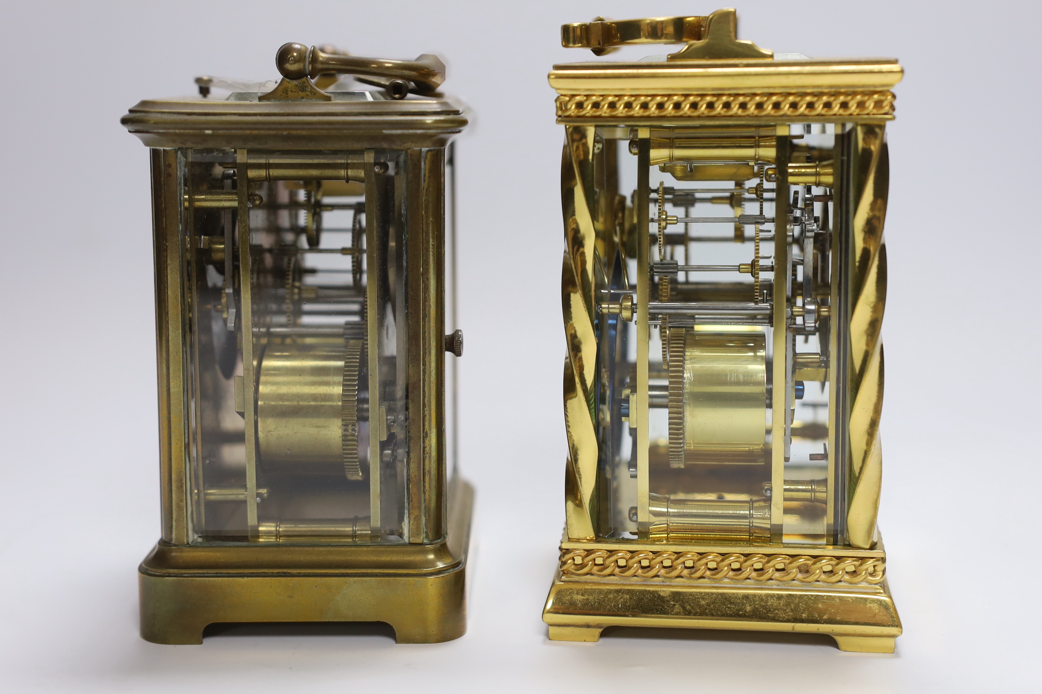A French gilt brass cased carriage clock with twisted column supports, together with a further carriage clock, tallest 14cm (2)